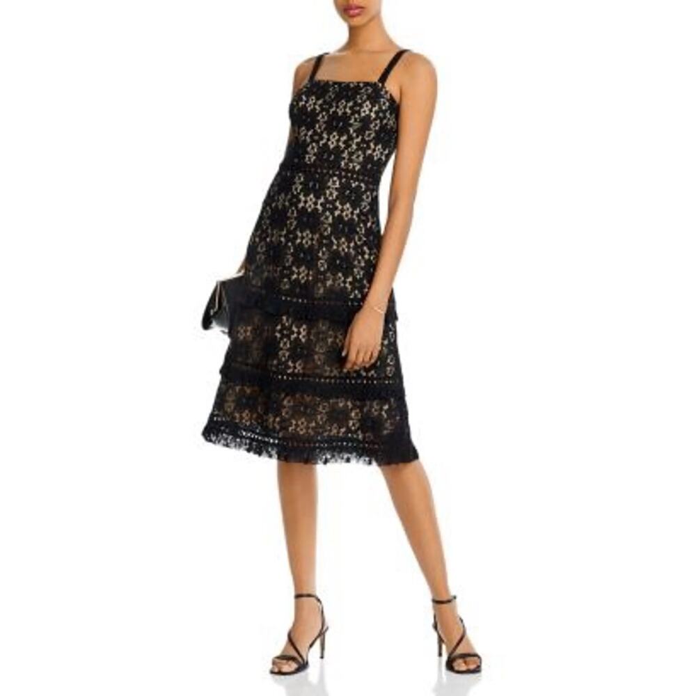 NWT Aqua Lace Tiered Midi Cocktail Dress Black Nude Elegant Evening Size XS